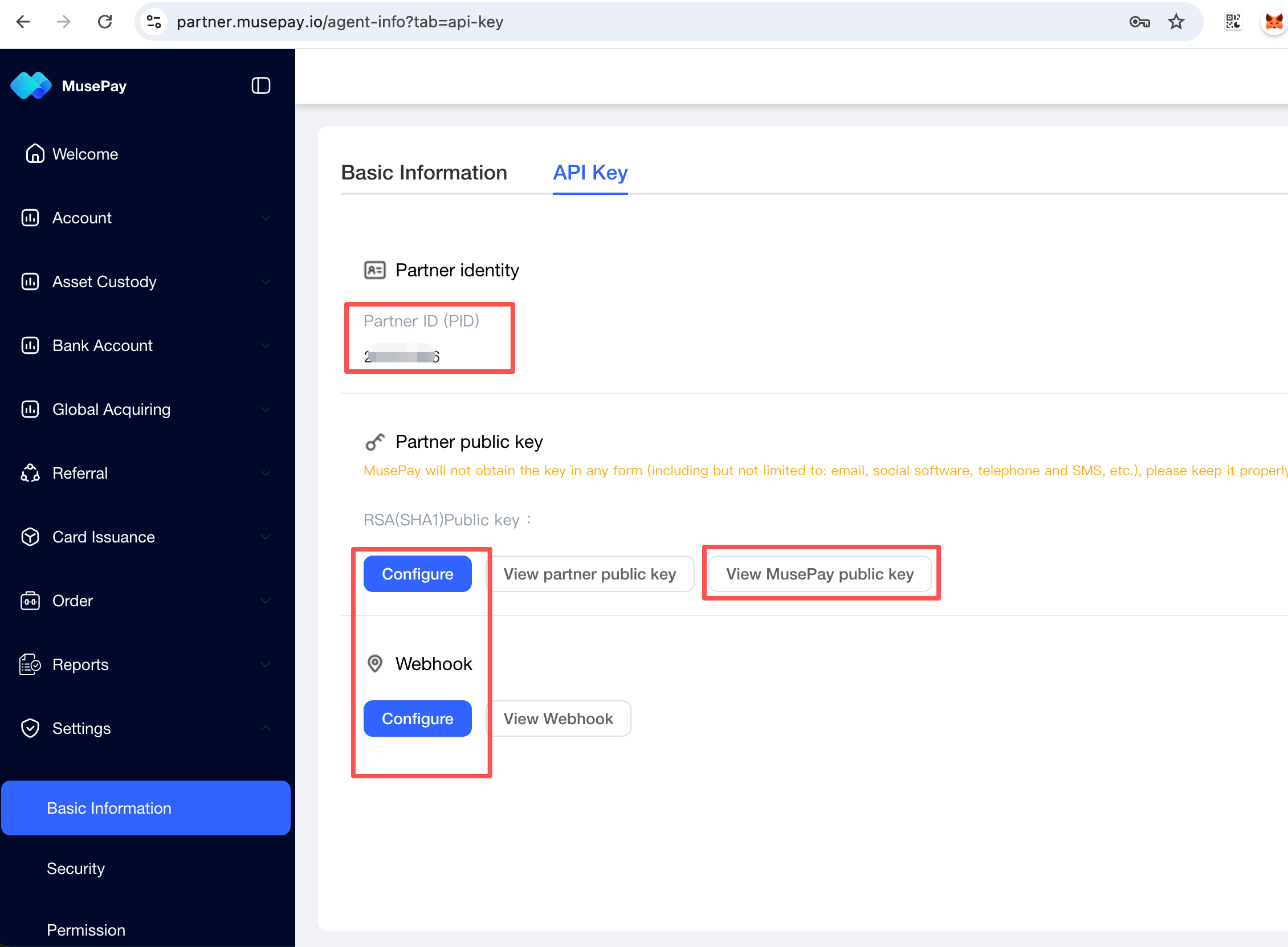 Partner Portal API Key page showing the Partner ID and public-key configuration